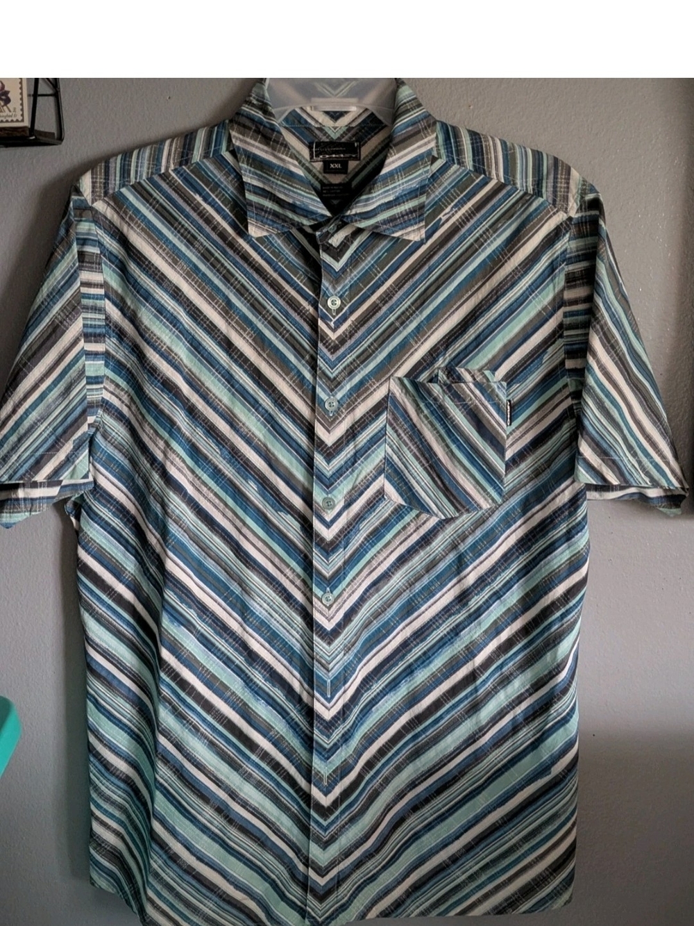 Y2K Oakley Men’s Shirt, Blue, Short Sleeve Button Up, Casual, Pocket, Size XXL